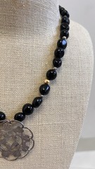 black onyx statement necklace large floral pendant, silver and gold beads, used