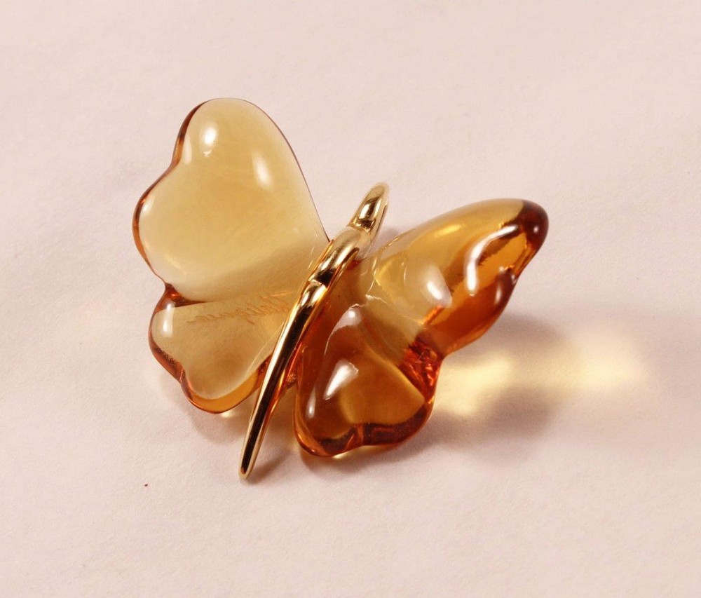 LALIQUE AMBER TONE CRYSTAL GOLD PLATED BAIL PAPILLON BUTTERFLY NECKLACE PENDANT