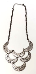 Necklace~Silver Tone Medallion Simulated Turquoise Scalloped Statement Piece D19