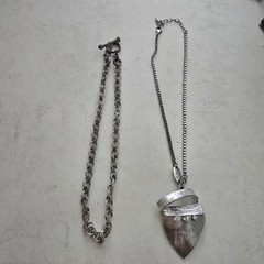 Silver Tone Statement Necklace Lot Mother of Pearl Pendant & Chunky Link Chain
