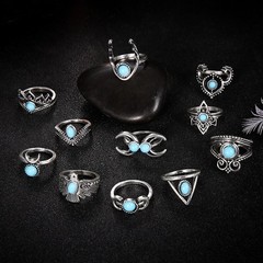 Bohemian 11PC Ring Lot Ring Popular Silver Tone Boho Rings Set Aqua Stones NEW