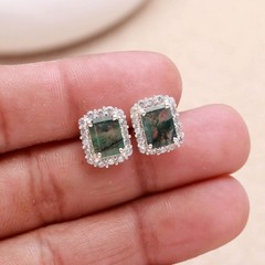 Natural Moss Agate Octagon Stud Earrings 925 Sterling Silver Moissanite Jewelry