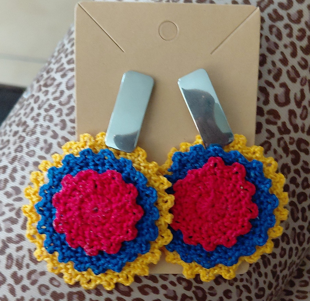 Handmade Crochet Textile Round Dangle/Drop Earrings Multicolor Butterfly Back
