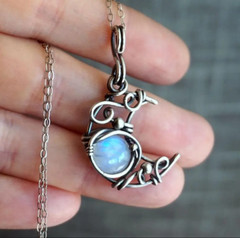 Crescent Moon Celestial Opal Necklace Charm Pendant Silver Necklace – Astrology