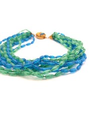 Lucite 12-strand Blue Green Glass Beaded Statement Necklace Gold Tone Box Clasp