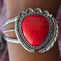 Silver Tone Western Adjustable Cuff Bracelet Round Red Turquoise Bezel Stone