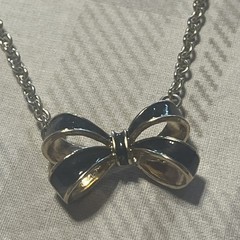 Gold Tone Black Enamel Bow Shaped Pendant Necklace Adjustable Chain 16”