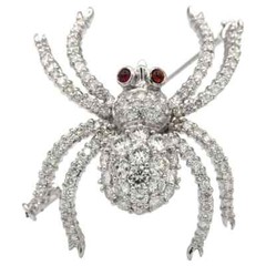 Sparkly Spider Brooch With White Round Brilliant White CZ & 2 Small Rubies Eyes