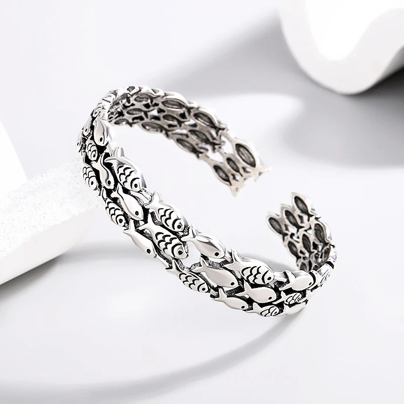 Sterling Silver Cuff Bracelet Fish Style Resizable Polished Chain Jewelry