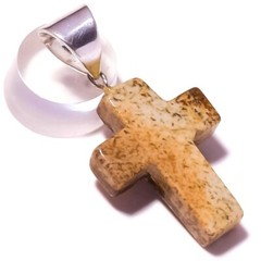 Picture Jasper Natural Gemstone Handmade Beaded Small Cross Pendant 1.4X0.8 inch