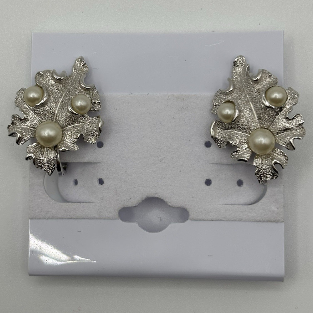 Trifari Silver Tone Leaf Clip-On Earrings White Imitation Pearl Signed 1 in