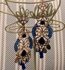 Blue Gold Tone Art Deco Teardrop Dangle/Drop Earrings, Stud Backing