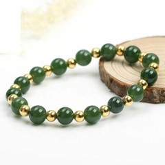 Pure Solid 14K Yellow Gold Beads With Natural Untreat Green Jadeite Bracelet