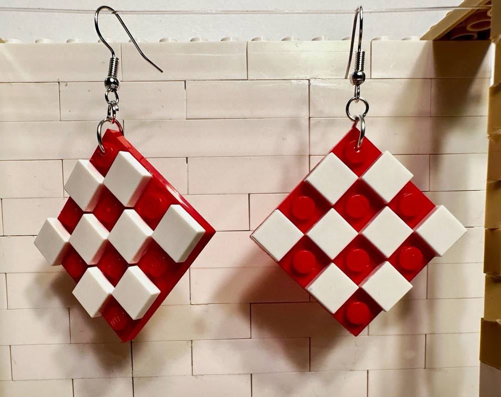 Red & White Checkerboard Square Plastic LEGO Dangle Drop Earrings Hook Closure