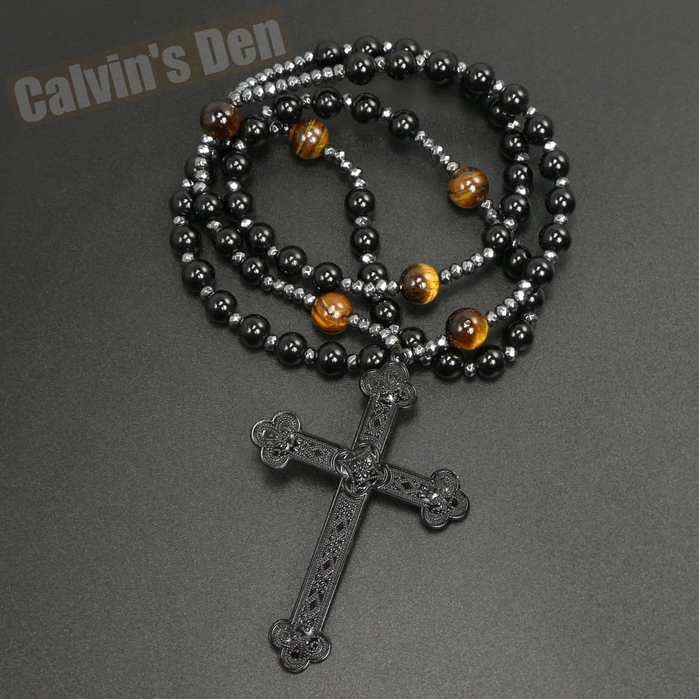 Large Gothic Punk Cross Pendant Tiger Eye Black Onyx Beads Rosary Necklace Men