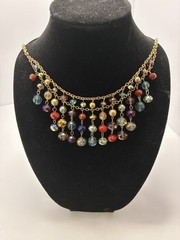 Jules Signed Gold Tone Layered Statement Necklace Multicolor Glass Beads Adj