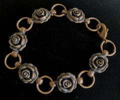 Rose Bracelet Antique Copper Hook Clasp Roses Pewter Charms 7 1/4″ inch Flower