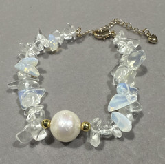 Beaded Opalite Bracelet Chip Beads with Genuine Freshwater Pearl