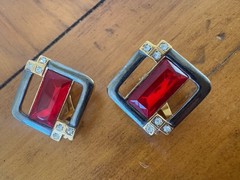 Signed Lanvin Couture Ruby Red Crystal & Rhinestone Clip on Earrings