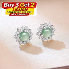 Natural Jadeite Jade Crystal Stud Earrings Gemstone 18K White Gold Plated