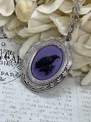 Silver Raven Black Purple Crow Locket Necklace Pendant Gothic Wedding Festival