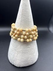 Beige & Gold Tone Multi-Row Wrap Beaded Bracelet No Clasp Stackable 6 in