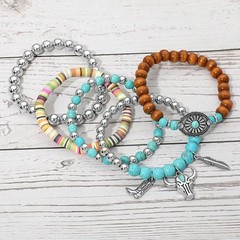 5PCS Boho Western Turquoise Beaded Stretch Bracelet Set Cow Skull Feather Boot