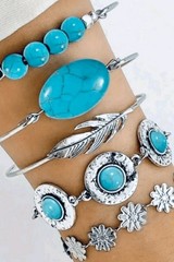 Turquoise Stone, Silver, Bangle Bracelet OR Anklet 5 Piece Set, Brand New! OSFM!