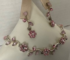 Pink Crystal Floral Flower Bracelet & Dangle Earrings Set Silver Tone Base