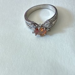 Silver Tone Oval Orange Stone Ring w/ Clear Accent Stones Size 10