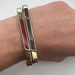Vintage Geometric Enamel Bangles Set – Gold Tone Square Red & Brown Modernist