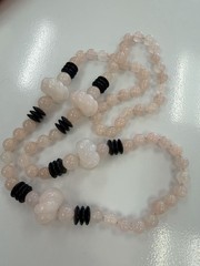 Statement Long Rose Quartz Style Necklace Black Disc Carved White Beads 35in