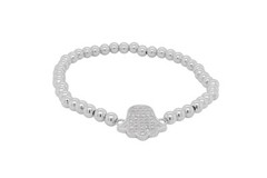 Simulated Diamond Hamsa Stretchable Bead Bracelet 14k White Gold Plated Silver