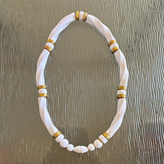 White Plastic Beaded Necklace with Gold-Tone Accents/Spacers