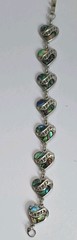 Abalone Shell Heart Link Bracelet in Silver Tone Metal Blue Green Charms 7″