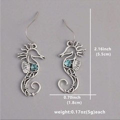 Vintage Boho Style Retro Oxidized Silver Sea Horse Pendant Earrings