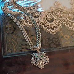 Silver Plated Cuban Link Chain Necklace Tiger Head Pendant CZ Pave Box Clasp