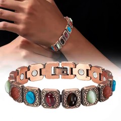 Magnetic Bracelet for Women Vintage Copper Tone Colorful Stones Adjustable Link
