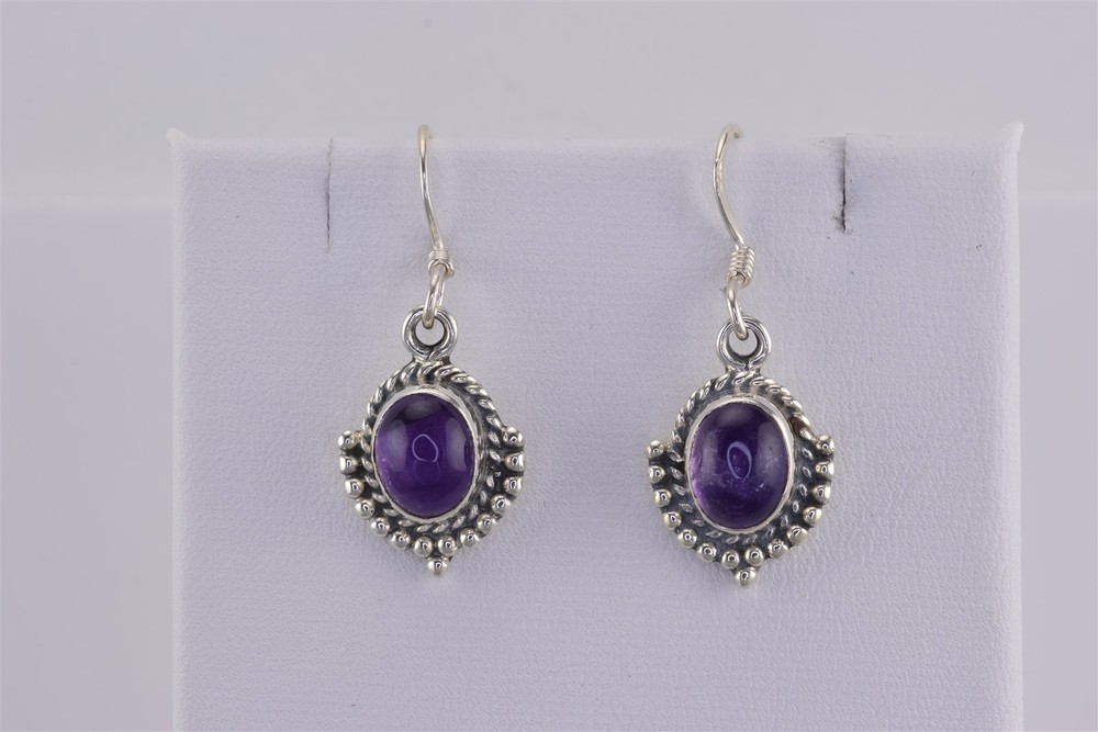 Sterling Silver 17mm x 12mm Bead Rope Purple Amethyst Dangling 925 Hook Earrings