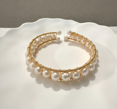 Natural White Freshwater Pearl Cuff Bracelet Gold Wire Wrapped Open Bangle Gift