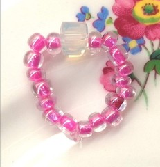 Pink Shimmery White Glass Cube & Seed Bead Stretch Ring