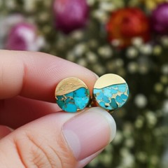 Handmade Natural Turquoise Stud Earrings Blue Gemstone Gold Plated Jewelry Gift