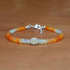 Orange Opal Gemstone Shaded Beaded Bracelet, Multifire Opal Oval Charm Bracelet
