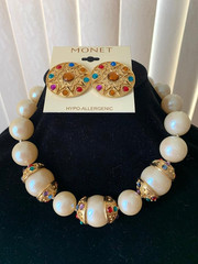 VTG Monet earrings & Lg pearl necklace-Gold Tone Stones Purple, Pink, blue, red