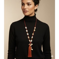 MIA Collection Cowrie Shell Tassel Long Necklace Red Cord Adjustable Boho Women