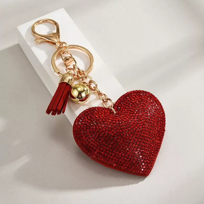2pcs Love Heart Red Crystal Key Chain Keyring Handbag Charm Tassel Gold Bag Ring