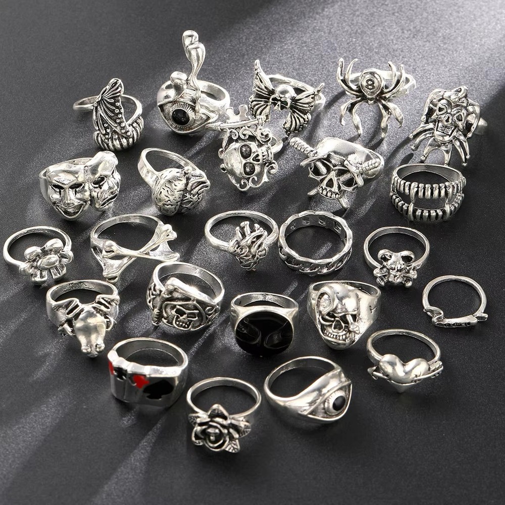 24pcs Gothic Skeleton Ring Set Punk Grunge Unisex Street Jewelry Gift Free Ships