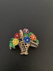 St. Labre Signed Enamel Metal Flower Basket Brooch Pin Gold Multicolor 1.5in