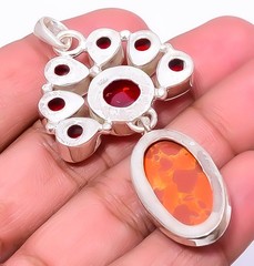 Copper Red Turquoise & Garnet Silver Handmade Pendant 2.34″ A355
