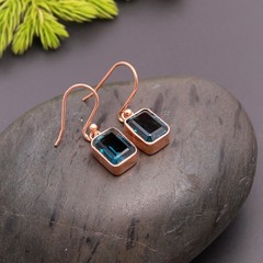 Natural Blue Topaz Octagon Dangle Earrings Rose Gold Fill Solid Silver Jewelry